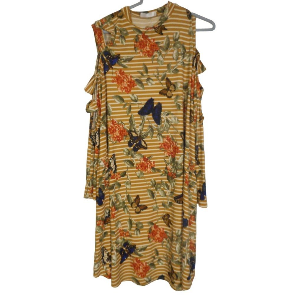 Sz L Multicolor Floral Butterfly Cold Shoulder dress or long tunic Tan cream